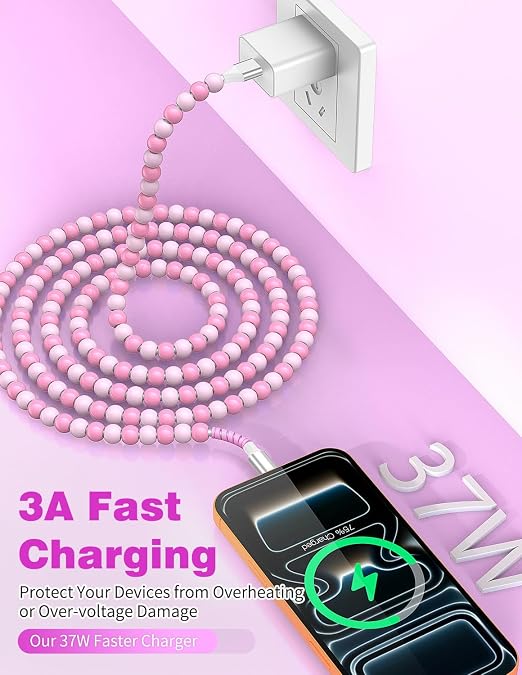 Jelanry 3FT USB-A to USB-C Fast Charging Cable Beaded &ampData Sync Women Girl | Cute kawaii beaded cable for iPhone 17/16/15 Samsung S26/S25/S24 Pixel iPad Fast charge for daily use office &amp tra