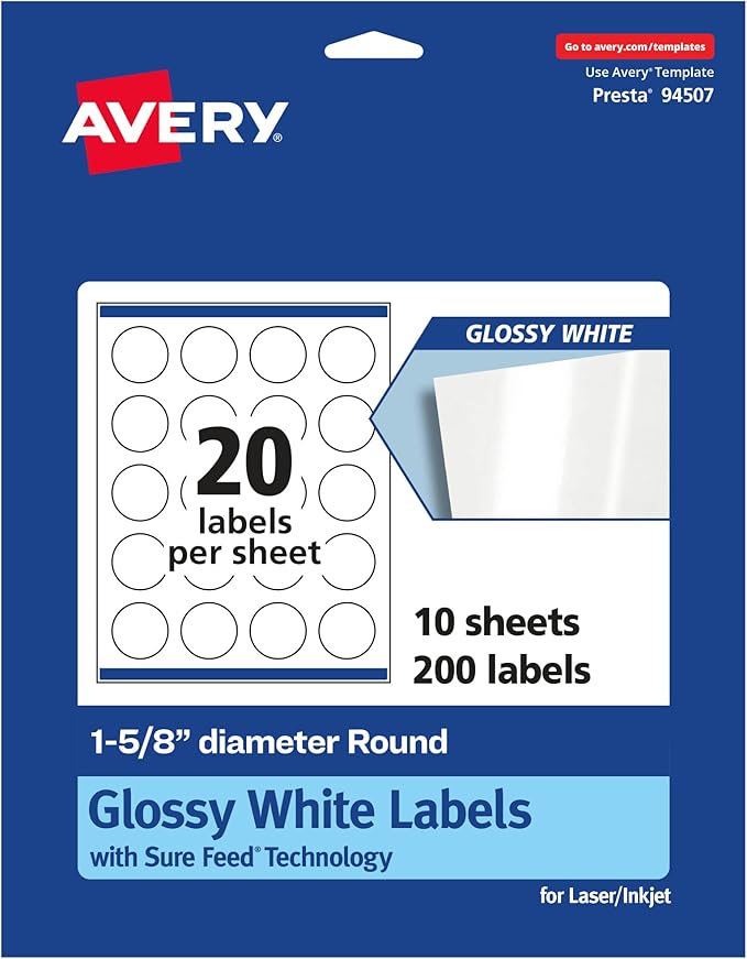 Avery Glossy White Round Labels, Sure Feed Technology, 1-5/8" Diameter, 200 Glossy White Labels, Print-to-The-Edge, Permanent Adhesive, Laser/Inkjet Printable