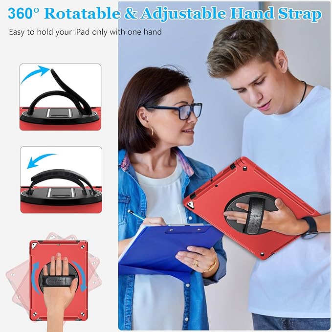 Case for iPad Pro 12.9 2nd Generation 2017& 2015 1st Generation, Heavy Duty Rugged TPU Protective Cover W/Screen Protector- 360° Rotatable Stand + Handle Hand & Shoulder Strap + Pencil Holder- Red