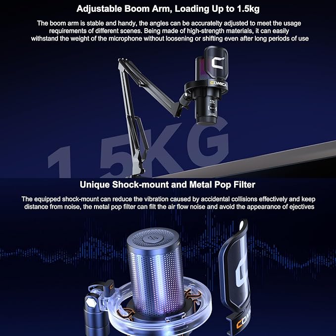 COMICA USB Microphone for Computer and Smartphone,48kHz/24bit RGB Cardioid Condenser Gaming Mic for Podcasting,Streaming,Recording,Music Creation,with Boom Arm Stand-Black(EJoy Uni A)