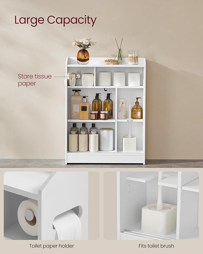 VASAGLE Narrow Storage Cabinet, Slim Floor Cabinet with Sliding Doors, Toilet Paper Holder and Brush Compartment, for Bathroom and Living Room, 7.9 x 23.6 x 31.5 Inches, Cloud White UBBC752W01