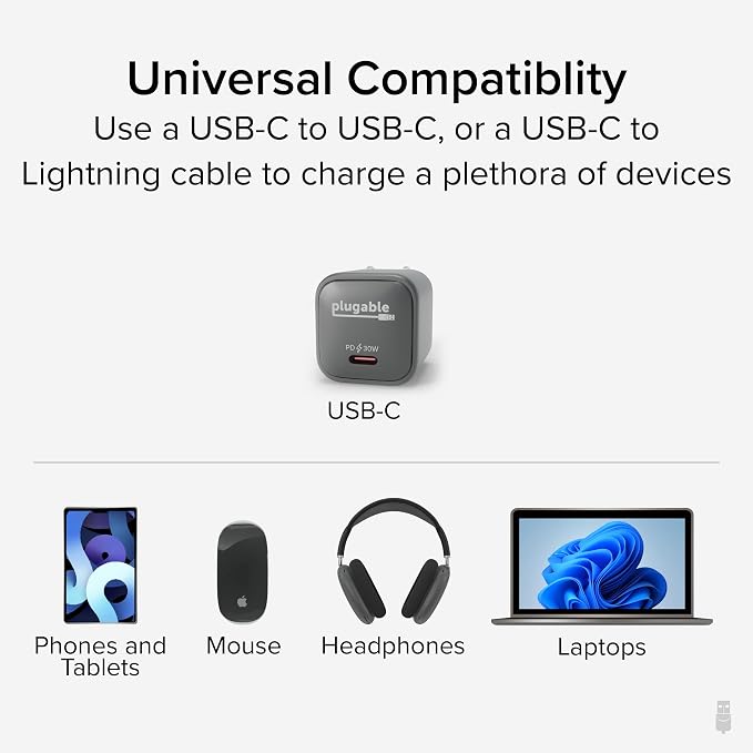 Plugable GaN USB C Black Charger Block with Thunderbolt 3 Cable Bundle