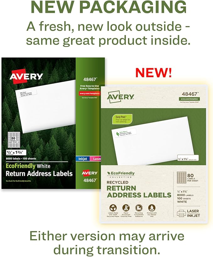 Avery EcoFriendly Recycled Return Address Labels, 1/2" x 1-3/4", White, Permanent Label Adhesive, 8,000 Printable Labels (48467)