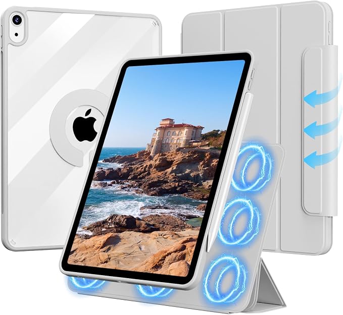 Case for iPad (A16) 11th/10th Generation (2025/2022 11/10.9 Inch) | Clear Hard PC Back Shell Smart Magnetic Detachable Cover with Clasp Portrait/Landscape Stand Auto Sleep/Wake Black