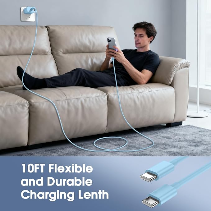 iPhone 17/16/15 Pro/Pro Max Charger Dual Port USB-C Wall Charger with PD 40W &amp QC 20W Fast Charging 10FT USB-C Cable for iPhone iPad Pro MacBook M1/M2/M3 Android Blue
