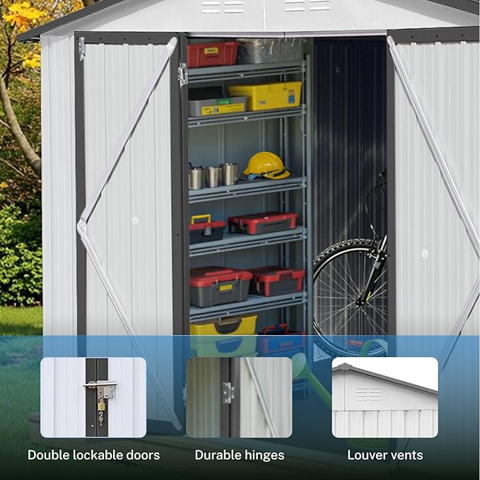 10 x 12 FT Outdoor Storage Metal Shed, Garden Bike Shed with Slooping Roof, Lockable Doors and Windows, All-Weather Tool Shed Easy to Assemble for Backyard, Patio, Lawn, White+Black