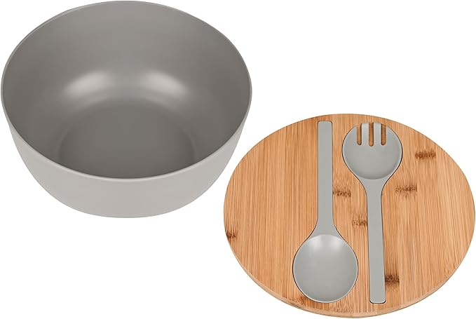 Bamboo Fiber Salad Bowl with Servers Set Large 9.8inches Nature Bamboo Mixing Bowl with Servers with Lid Spoon and Fork for Fruits,Salads and Vegetables