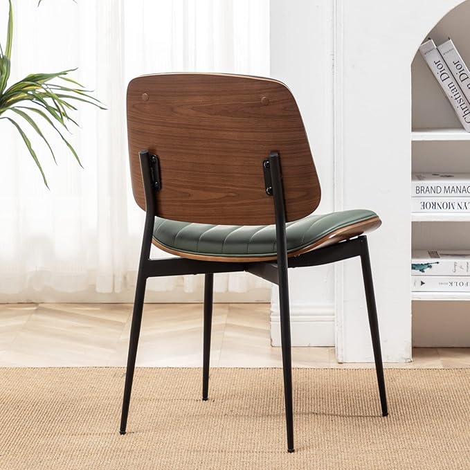 LUNLING Dining Chairs Set of 2 Mid Century Modern Retro Faux Leather Chair with Walnut Bentwood Upholstered Seat Metal Legs Chairs,Adjustable Foot for Kitchen Dining Room Chairs(Green)