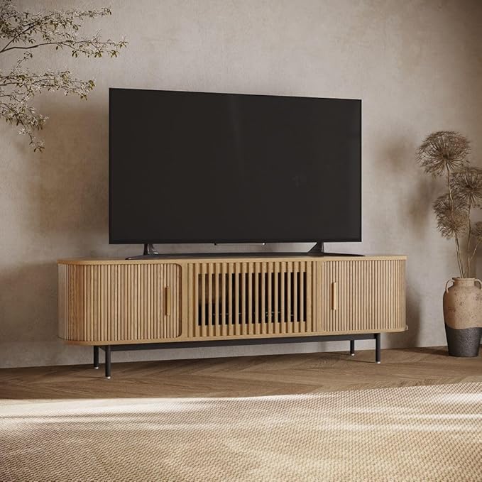 POVISON Fully-Assembled Mid Century Modern TV Stand for 70 inch TV, Sliding Door Entertainment Center with Storage, Wood TV Console, Media Console for Living Room Bedroom(Oak, 70.87")
