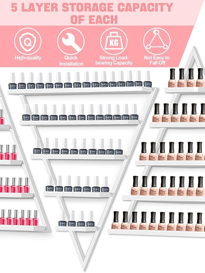 EBANKU 10PCS Nail Polish Racks 5 Tiers Nail Polish Shelf for Wall Triangular Display Rack Cosmetic Display Cases Lipstick Perfume Wall Shelf Essential Oil Organizers for Home Spa Nail Salon(White)