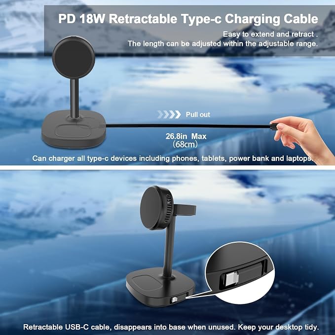 5 in 1 Qi2 Magnetic Wireless Charger Stand with Cooling Fan &amp LED Light Fast Wireless Charging Station for iPhone 17/16/15/14/13/12 AirPods Apple Watch - 65W Adapter &amp Retractable USB-C Cab