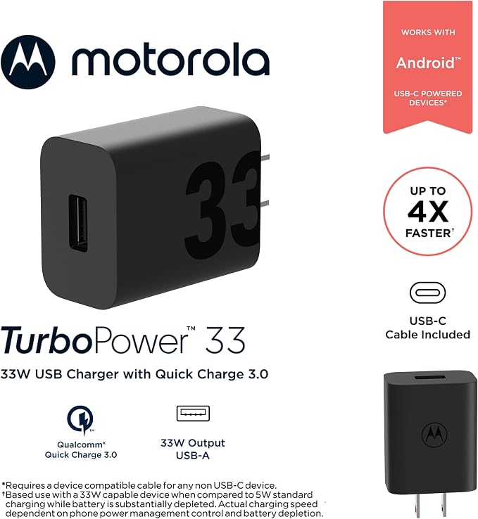 Motorola TurboPower 33 QC3.0 Charger with 1m USB-A to USB-C Cable | For Moto G86 Power 5G G56 5G G55 5G Razr 60 Razr 50 Edge 30