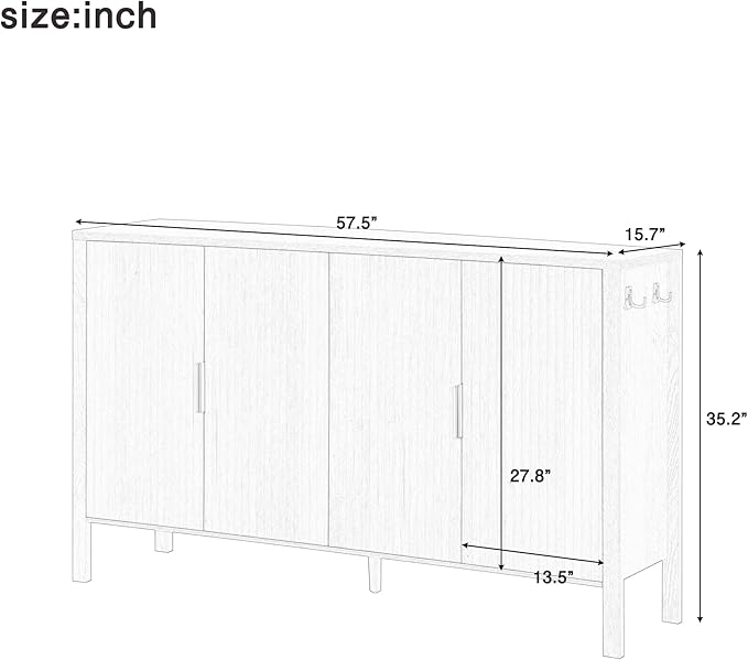 57.5'' Modern Console Table Sofa Table with Storage Racks & Side Hooks, Accent Stripe 4-Door Buffet Sideboard Serving Storage Cabinet with Adjustable Shelves for Living Room Kitchen (Natural-NEW)