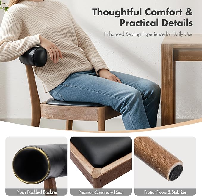 Kmax Dining Room Chairs Mid-Century Modern Leather Kitchen Chairs with Natural Walnut Finished Frame, PU Curved Back, 2-Pcs Set, PU Black