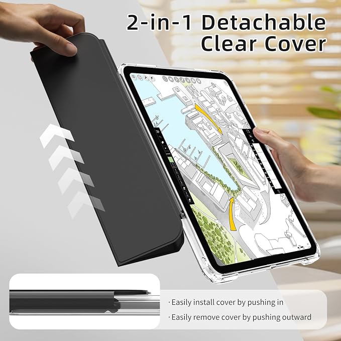 Detachable Case for iPad A16 11th Gen 11/10th Gen 10.9 Black | Slim Transparent Shell Back Soft Shockproof TPU Frame Without Pencil Holder Auto Sleep/Wake