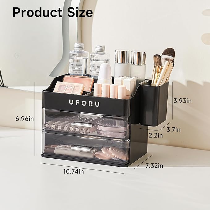 Makeup Organizer for Vanity with Brush Holder, Countertop Organizer with 2 Drawers, Spacious Cosmetic Display Case for Beauty Essential, Skincare, Lipstick