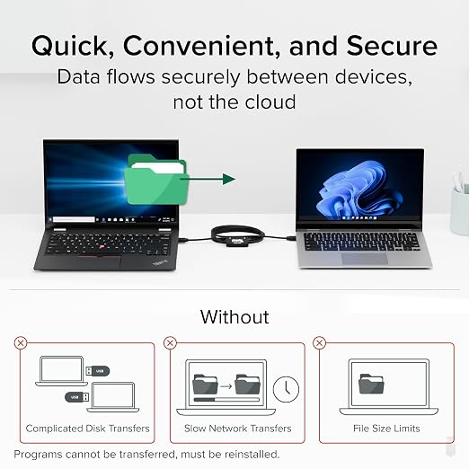 Plugable USB Transfer Cable Unlimited Use Transfer Data Between 2 Windows PC's Compatible with Windows 11 10 7 XP Bravura Easy Computer Sync Software Included