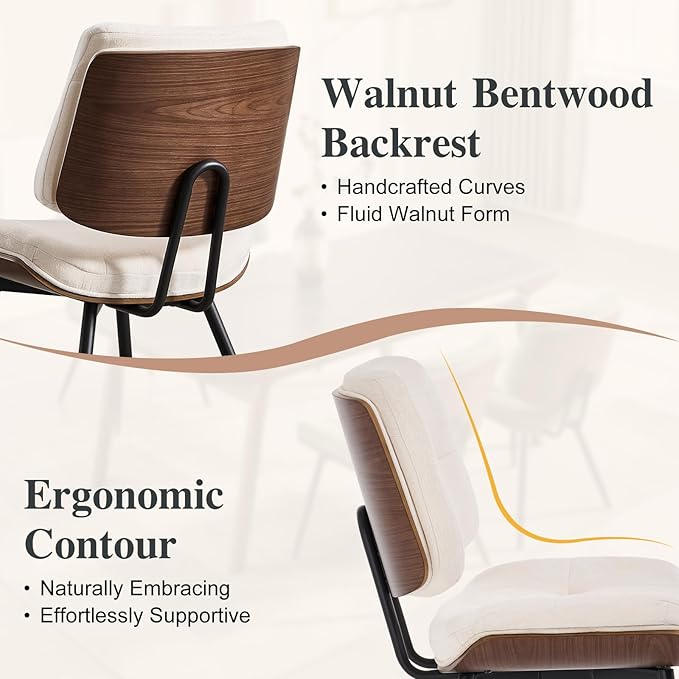 Dining Chairs Set of 6,Mid Century Modern Kitchen Chairs with Walnut Bentwood Back and Metal Legs,Upholstered Fabric Dining Room Chairs for Kitchen, Living Room,Beige