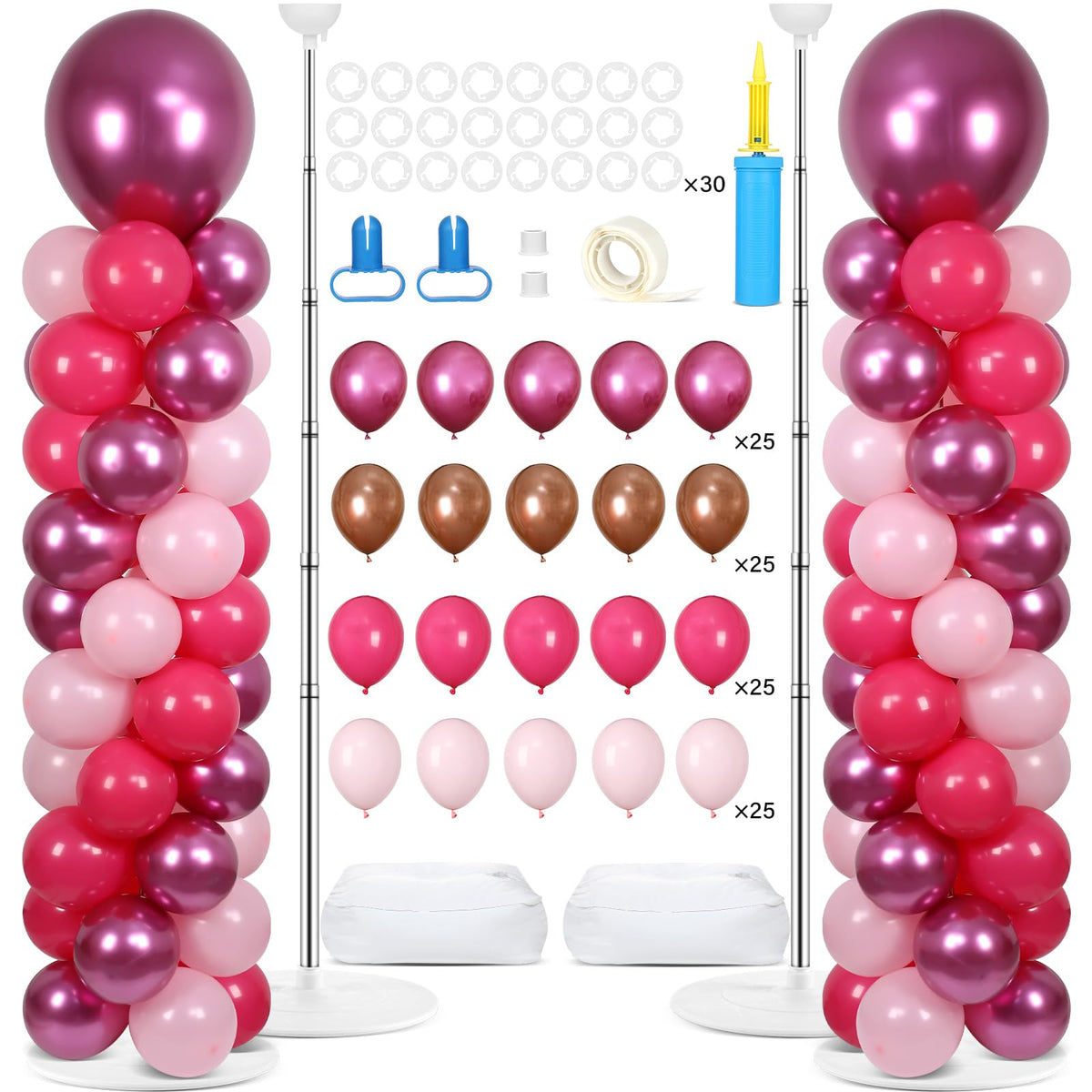 2 Sets Pink Balloon Column Stand Kit with 100 Balloons - Christmas & New Year Birthday Wedding Party Decor