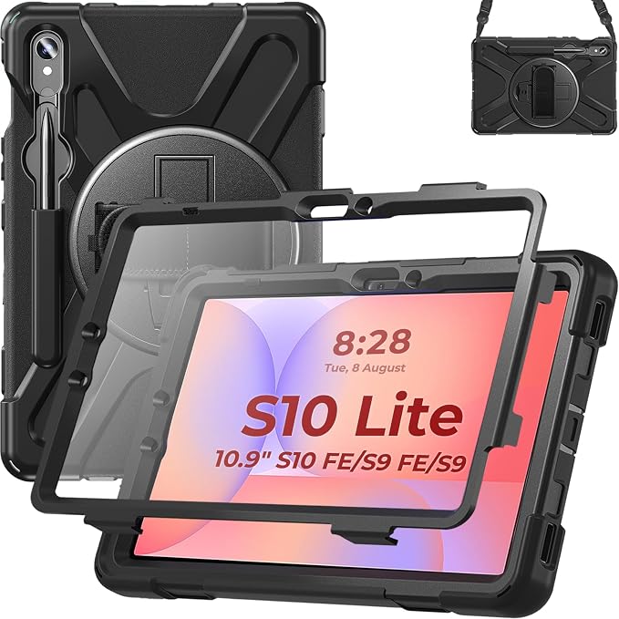 Case for Galaxy Tab S10 FE+ 13.1 2025 with Screen Protector+360 Rotating Hand Strap&ampStand+Shoulder Strap (Black)