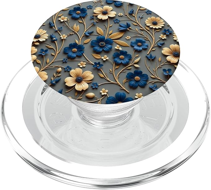 Beige and Blue Floral Print with Leaves Design PopSockets Adhesive PopGrip