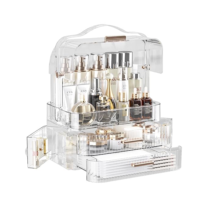 LINFIDITE Cosmetics Storage Box Transparent Lid Large Makeup Organizer Box Drawers Portable Handle Waterproof Dustproof Skincare Display Cases for Countertop, Bathroom, Dresser,Gift Clear Green