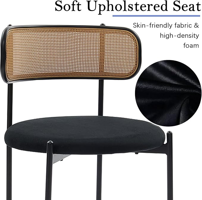 Rattan Dining Chairs Set of 6, Mid Century Modern Dining Chairs with Cane Back and Boucle Upholstered Seat, Farmhouse Kitchen Chairs for Dining Room and Living Room, Black