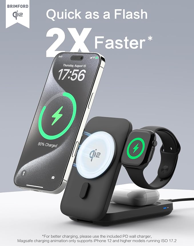 3 in 1 Wireless Charging Station for iPhone 17-12 Series Foldable 15W Wireless Charger Compatible with iWatch 5-10 AirPods (with 30w Adapter)