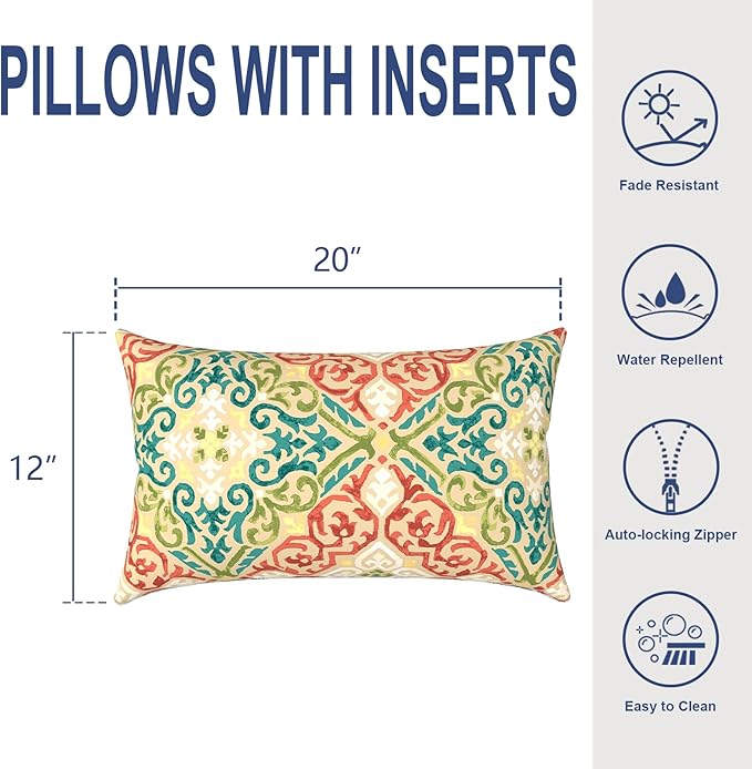 Outdoor/Indoor Lumbar Pillows, Water Repellent Cushion Pillows, 12x20 Inch, Outdoor Pillows with Inserts for Home Garden, Pack of 2, Geometric Orange