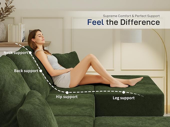Living&Giving 101" U-Shaped Cloud Sectional Couch for Living Room, Cloud Boneless Couch-No Assembly with Reversible Chaise, Customizable 3-Seat Modular Sectional Sofa with 2 Ottoman, Green
