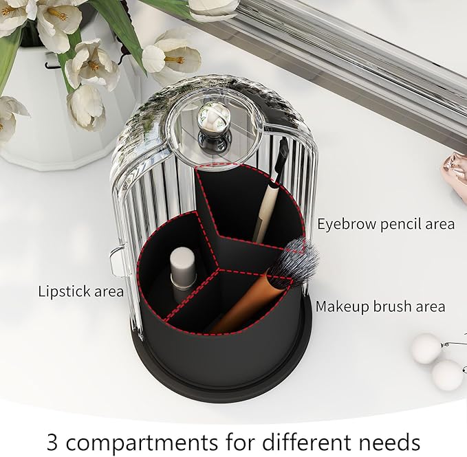 Makeup Brush Holder with Dustproof Cover 360 Rotating Makeup Brush Organizer for Vanity Bathroom, White/Black