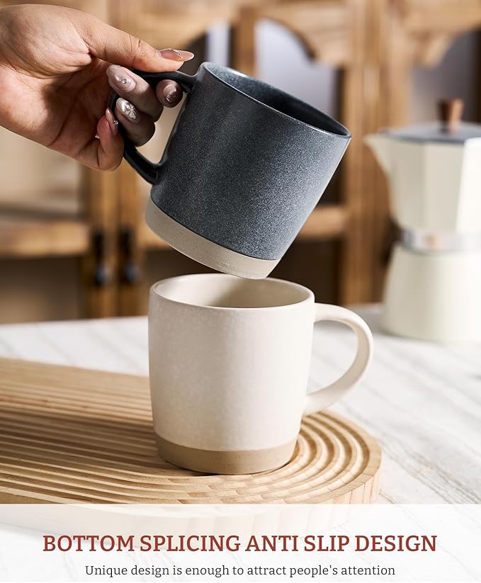 famiware Coffee Mugs Set of 6, Milkyway 13 oz Mug Set, Ceramic Cup Set with Handle for Coffee, Tea, Cocoa, Milk, Matte White + Matte Dark Charcoal