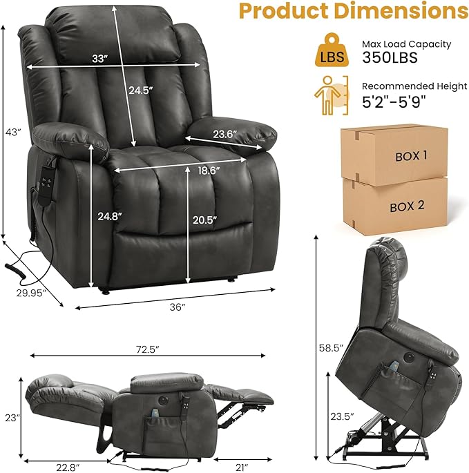PARKOL Dual Motor Power Lift Recliner Chair for Elderly, 180-Degree Infinite Position Lay Flat Leather Recliner Chairs, with Massage and Heating, USB & Type-C Port and Remote (Sliver Gray, Medium)