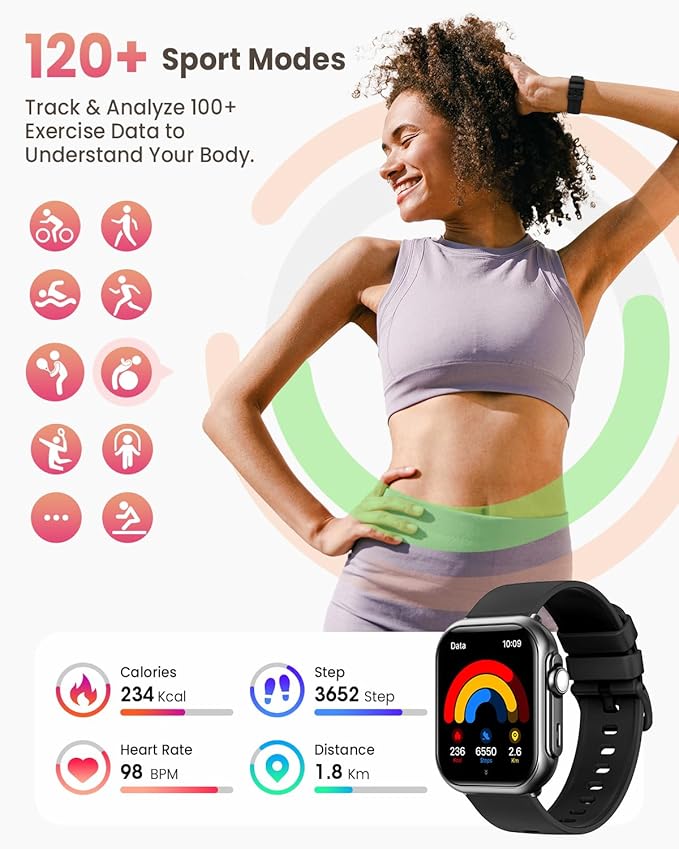Smart Watch for Women Men Fitness: 1.85" Smart Watch with 30 Days+ Battery Life Make/Recive Call Heart Rate SpO2 Sleep Monitor 120+ Sport IP68 Waterproof Fitness Tracker Watch for iPhone Android Black
