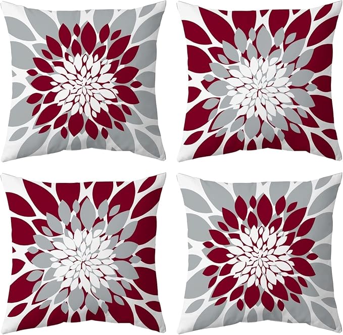 Qahing Pack of 4 Outdoor Waterproof Pillow Covers 16x16 Decorative Outdoor Throw Pillows Garden Square Cushion Cases for Patio Furniture, Couch, Tent Sunbrella, Bench, Burgundy Red Grey
