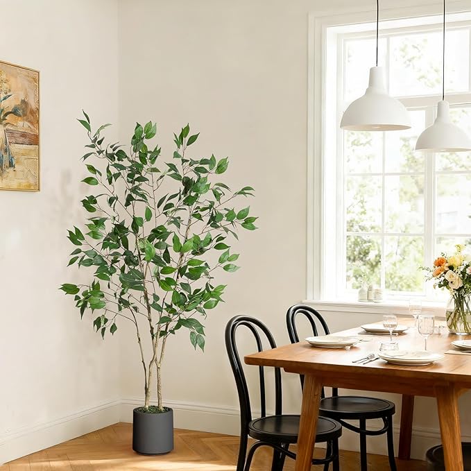 5FT Ficus Trees Artificial Indoor, Faux Silk Plant with Natural Wood Trunk and Lifelike Fruits, Black Imitation Ceramic Planter with Green Fake Moss for Modern Home Office Living Room Decor