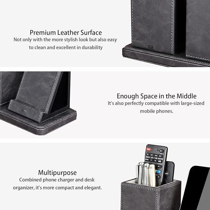 Wireless Charger with Desk Organizer Wireless Charging Station for iPhone 13/13 Pro Max/13 Pro/12 Series/11/XS Max/XR/X/8Plus/SE 2 Wireless Charging Stand with Leather… (Black)