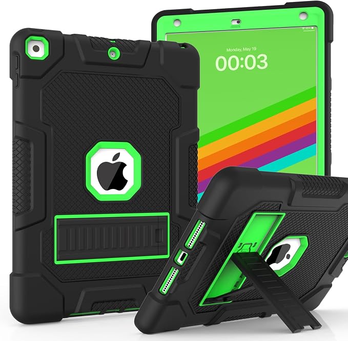 TIMISM Case for iPad 9th/8th/7th Generation(2021/2020/2019) Heavy Duty Military Grade Shockproof Rugged Protective 10.2 Cover with Built-in Stand for iPad 9 8 7 Gen Black+Green