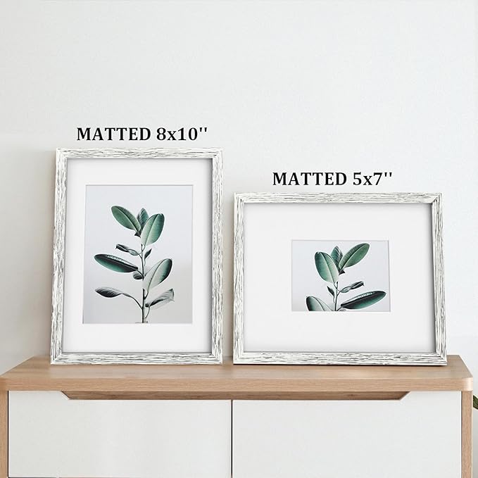 Egofine 11x14 Picture Frames Made of Solid Wood with Plexiglass, Display Pictures 5x7/8x10 with Mat or 11x14 Without Mat for Tabletop and Wall Mounting, Driftwood White