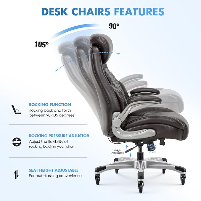 COLAMY Office Chair Ergonomic Desk High Back Executive Chair with Pop-Out Lumbar Support, Upgraded Casters, Adjustable Headrest, Flip-Up Arms, Leather Home with Thick Cushion for Comfort - Brown