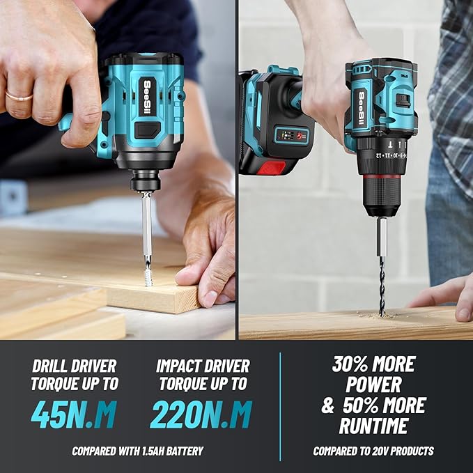 SEESII 21V Max Cordless Drill and Impact Driver, Power Tool Combo Kit Included 3/8'' Drill & 1/4'' Impact Driver, 2x 4000mAh Battery, Fast Charger, 20 pcs Driver Bit Set & Bag