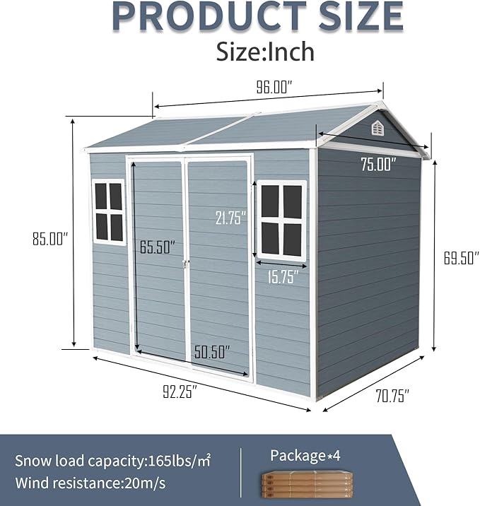 8x6 FT Outdoor Storage Resin Shed with Floor, Plastic Garden Tool Shed with Sloped Roof, Lockable Door & Windows, Easy to Assemble Bike Shed for Lawn, Backyard, Patio, Grey