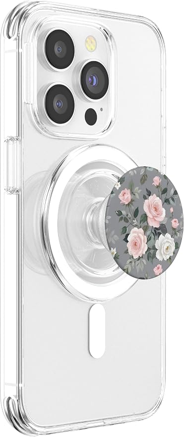 Pink Flowers Gray Leaves PopSockets Adhesive PopGrip