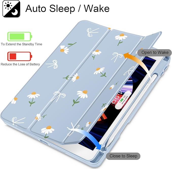 Case for iPad 9th/8th/7th Generation 10.2-Inch (2021/2020/2019 Release) with [Built-in Pencil Holder] Shockproof Cover with Clear Transparent Back Shell &amp Auto Wake/Sleep - Blue Bows