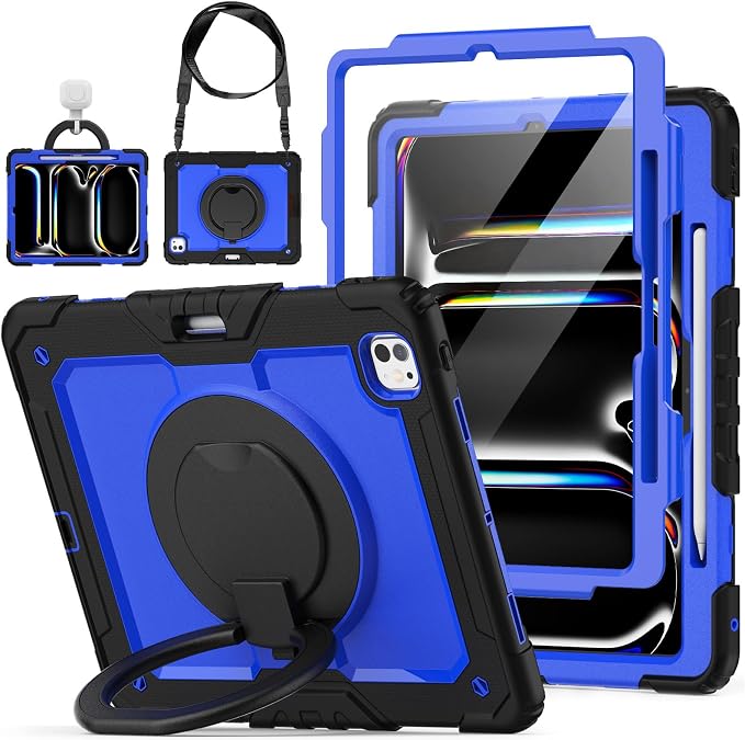 for iPad Pro 11 inch Protective Case M5 2025/M4 2024: Heavy Duty Shockproof Case with Pencil Holder - 360°Rotating Handle/Stand - Screen Protector - Shoulder Strap Black/Sky Blue