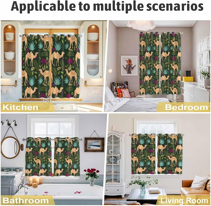 2 Panel Kitchen Cafe Curtains, Retro Desert Camel Sunlight Filtering Nature Air