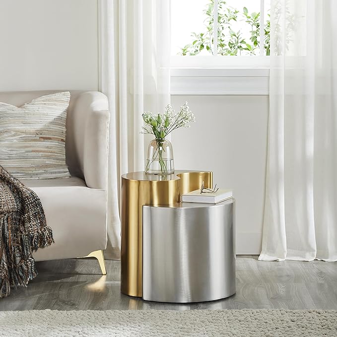 Modern Contemporary Luxury Ying-Yang 20" Height End Table Set, Sculptural Design with Aluminum Frame for Living Room, Entryway, Home & Office, Gold & Silver Dual Tone End Table