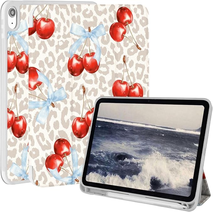 Case for iPad 9th/ 8th/ 7th Generation Case 10.2&amp10.5 Inch (2021/2020/2019 Release) Slim Lightweight Soft Trifold Back Cover with Pencil Holder &amp Auto Sleep/Wake Cover Cherries Cheetah Bows