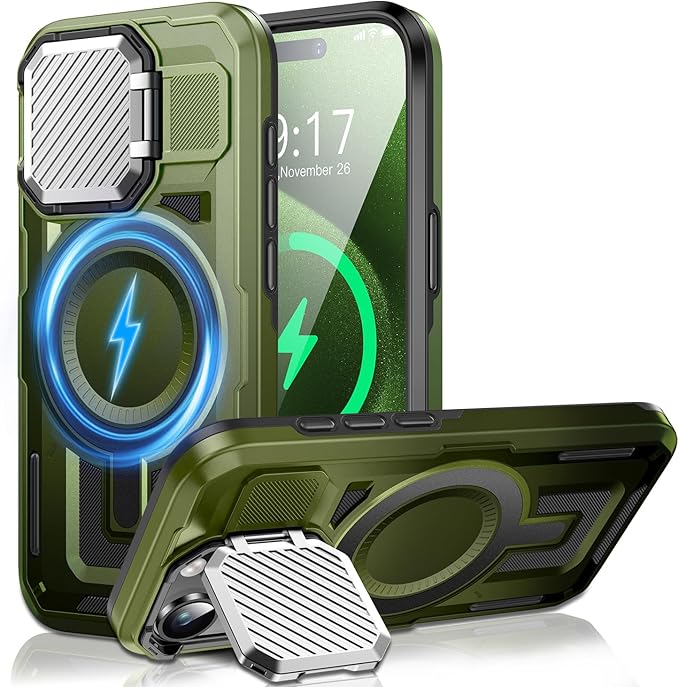 Camera Stand Case for iPhone 15 Pro Max, [Compatible with Mag Safe] [Lens Cover] 2024 Version Military Grade Protective Soft Case for iPhone 15 Pro Max 6.7 inch Men Women, Green