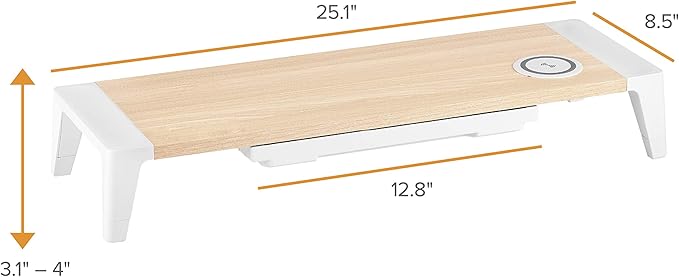 Bostitch Office Wooden Monitor Stand with Wireless Charging Pad, Drawer for Storage, Adjustable Height Riser Includes Removable Non-Skid Rubber Feet - Wood Grain and White (STND-2408WH)